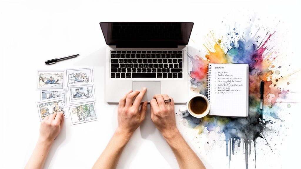 Overhead view of a creative workspace with hands, laptop, storyboards, coffee, and notebook on a colorful watercolor background.