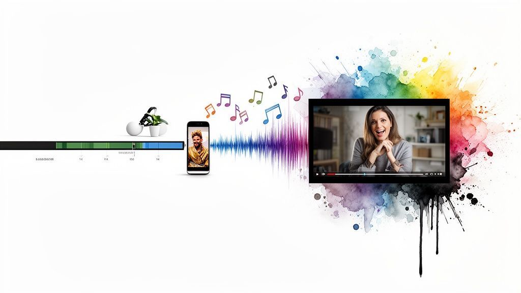 Process diagram illustrating text conversion to audio via a smartphone, producing music and a video of a smiling woman.