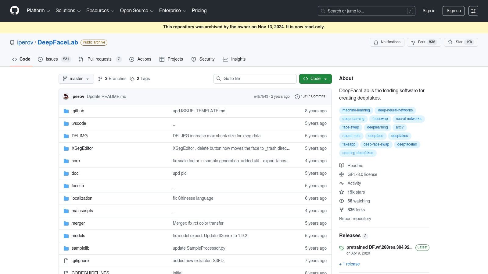 The GitHub repository page for DeepFaceLab, showing code and file structures.