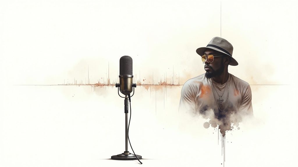 Stylized portrait of a musician in a hat and sunglasses, standing by a vintage microphone with audio waveforms.
