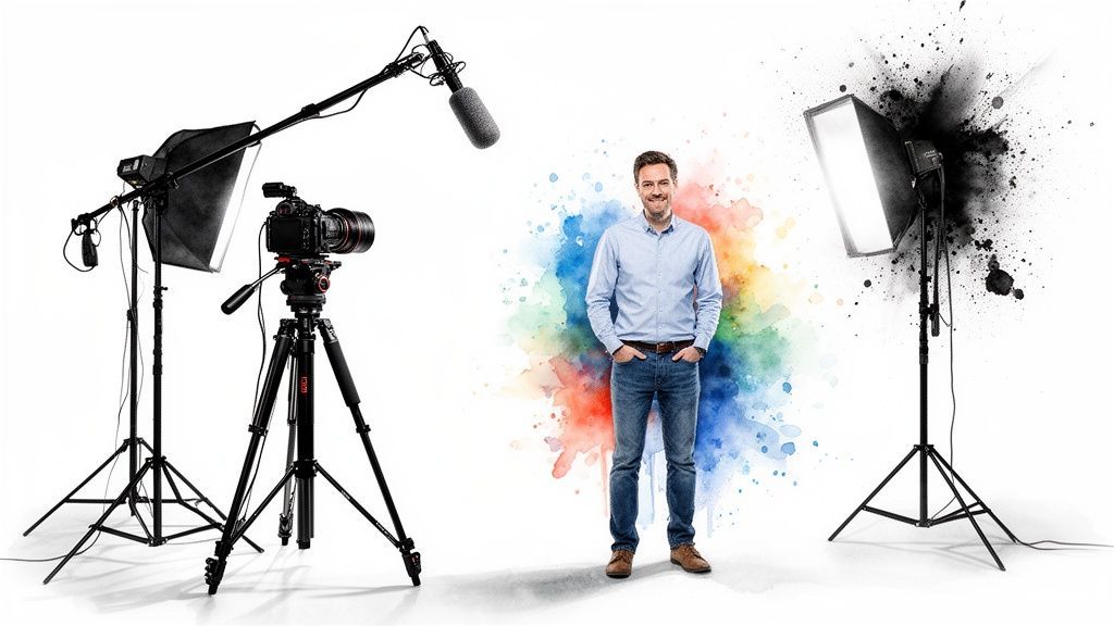 A man smiling amidst video production equipment: camera, microphone, and softbox lights with colorful splashes.