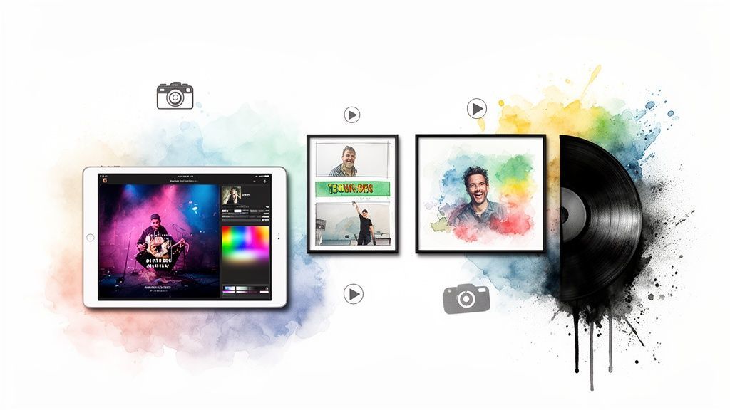 A digital creative workflow displays photo editing on a tablet, transforming images into watercolor art and music visuals.