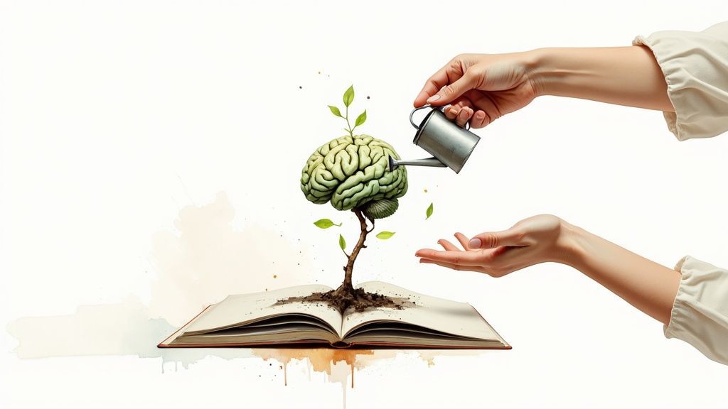 A brain sprouts from an open book, watered by a hand, symbolizing nurturing new ideas and intellectual growth.