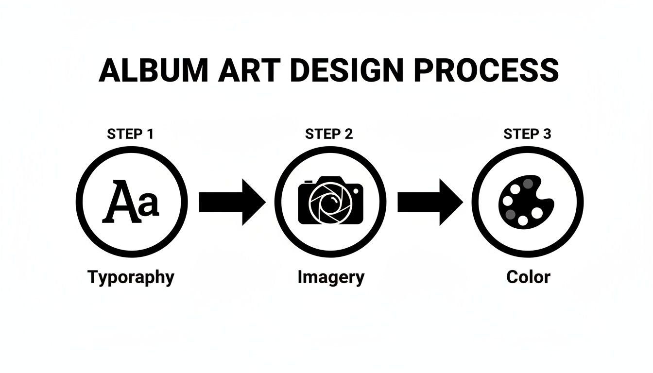 Diagram showing the three-step album art design process: Typography, Imagery, and Color.