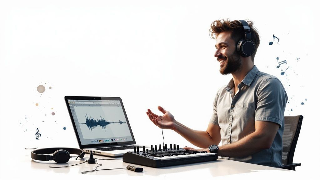 A man happily creates music with a laptop, headphones, and MIDI keyboard.