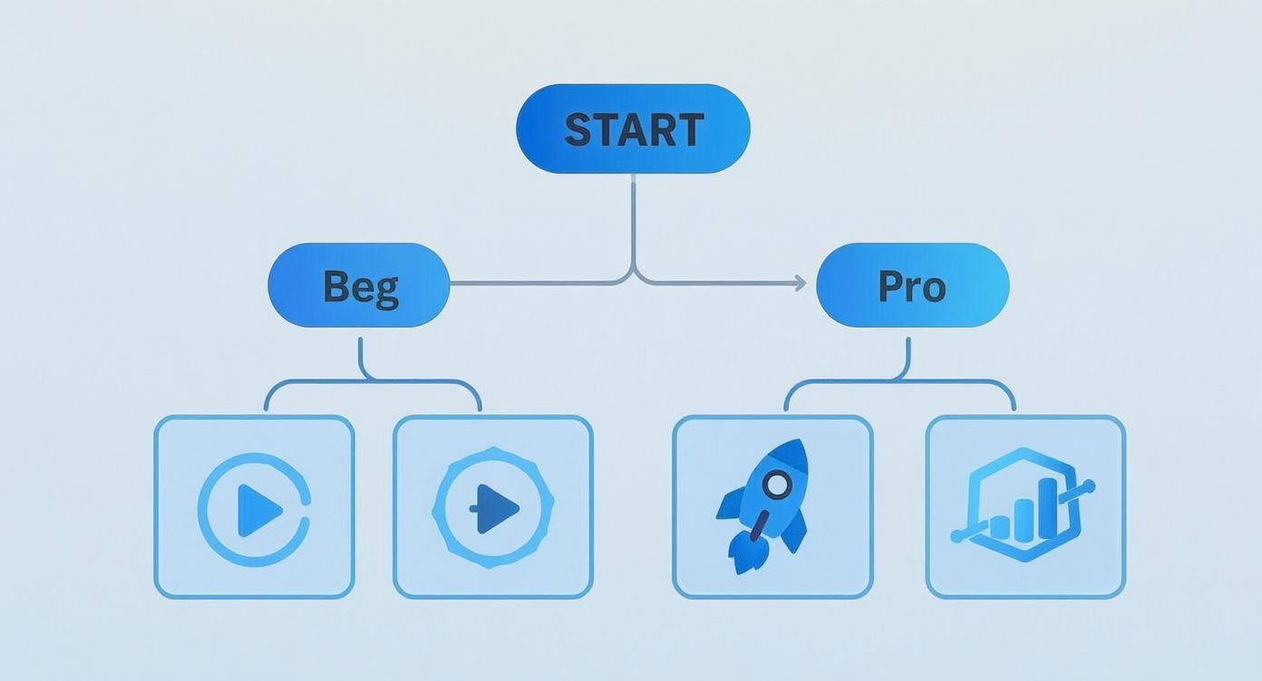 A hierarchical flowchart diagram outlining START, Beginner, and Pro paths with corresponding icons.