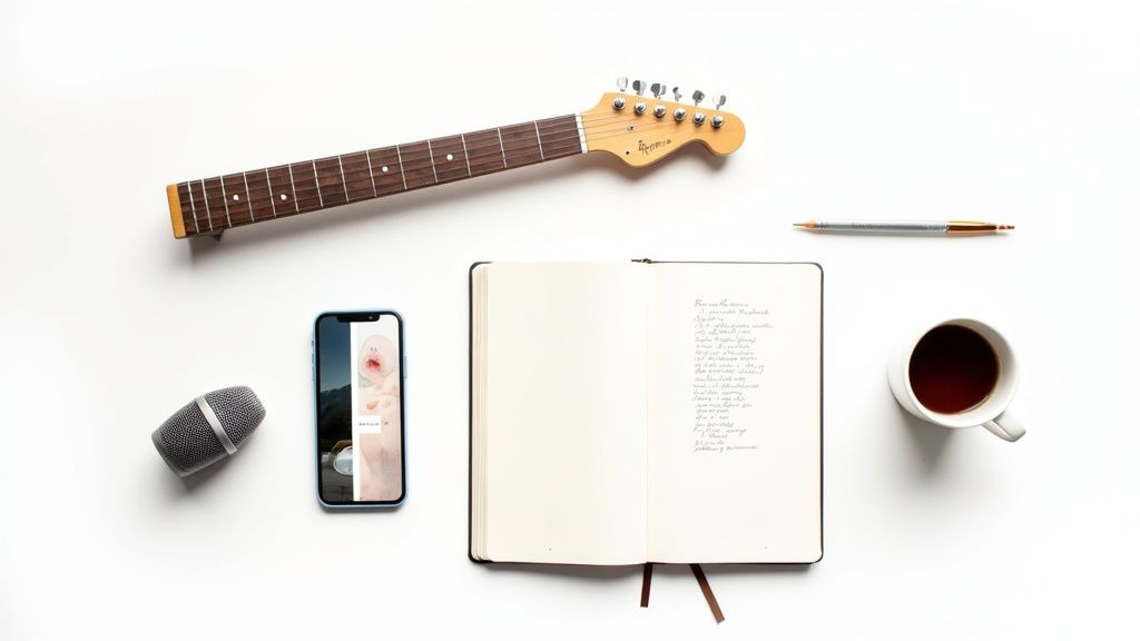 Overhead shot of a musician's creative workspace with guitar, notebook, microphone, and coffee.