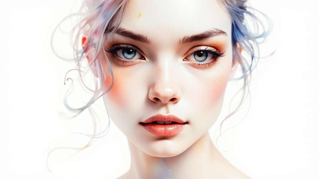 Ethereal portrait of a young woman with vivid blue eyes, soft skin, and multi-colored wispy hair.
