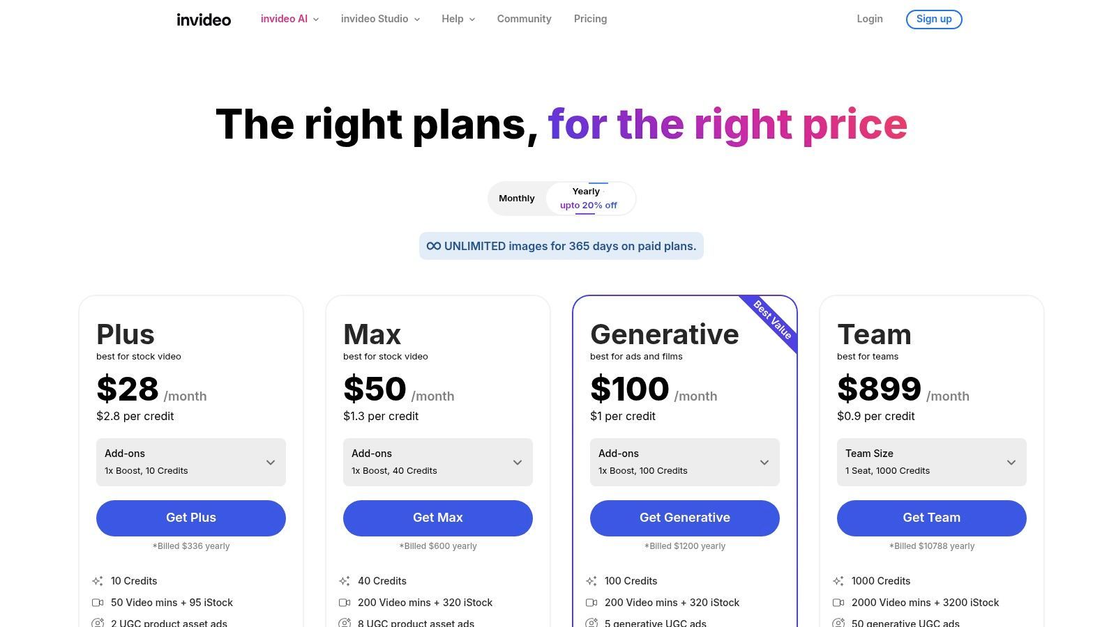 InVideo's pricing tiers show a free plan with weekly allowances