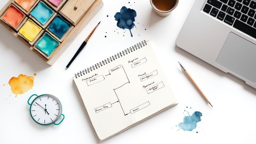 Creative desk flat lay with art supplies, a laptop, notebook with a diagram, and a clock.