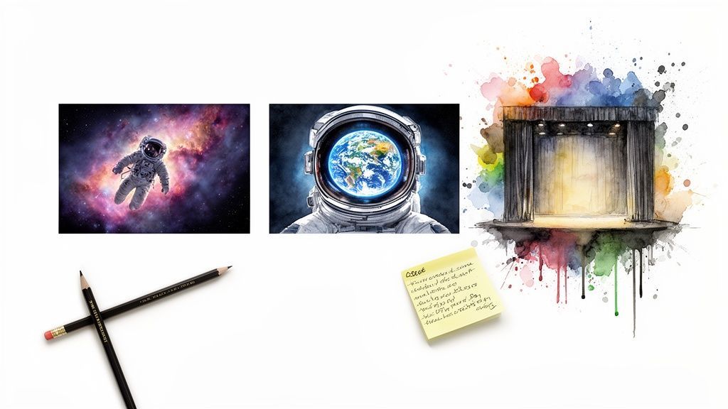 A creative collage: an astronaut in space, Earth reflecting in a helmet, a watercolor stage, pencils, and a sticky note.