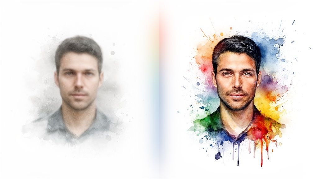 A man's portrait transforms from blurry grayscale to vibrant, detailed watercolor art with colorful splashes.