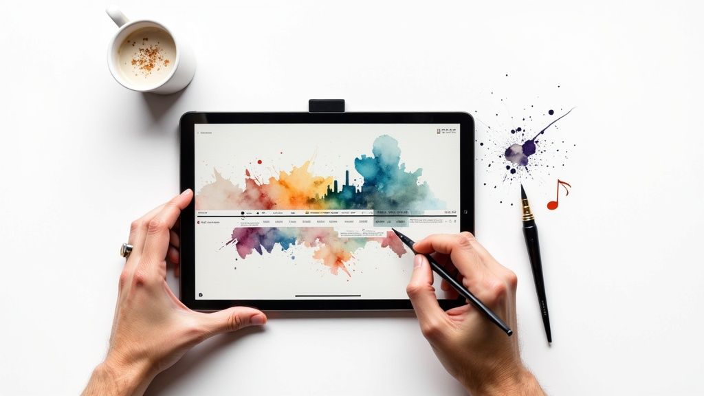 Overhead shot of hands interacting with a tablet displaying a vibrant watercolor video editing interface.