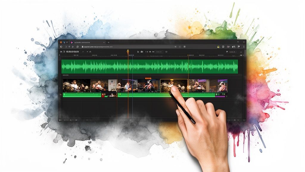 Hand interacting with video editing software, showing a timeline, audio waveforms, and video clips.