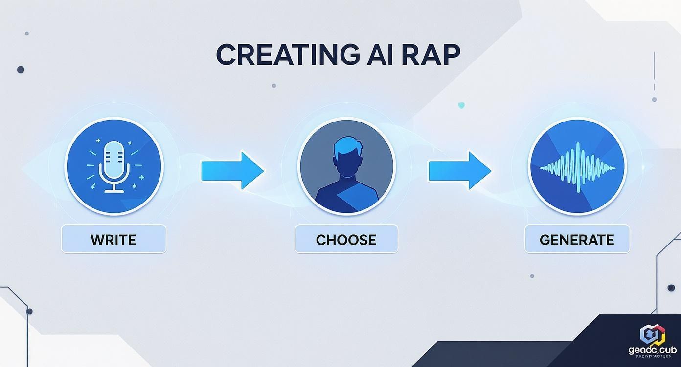 An infographic illustrating a three-step process for creating AI rap: Write, Choose, Generate.
