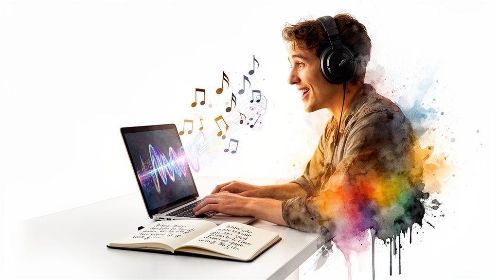 Enthusiastic man with headphones making music on laptop with colorful sound waves and notes.
