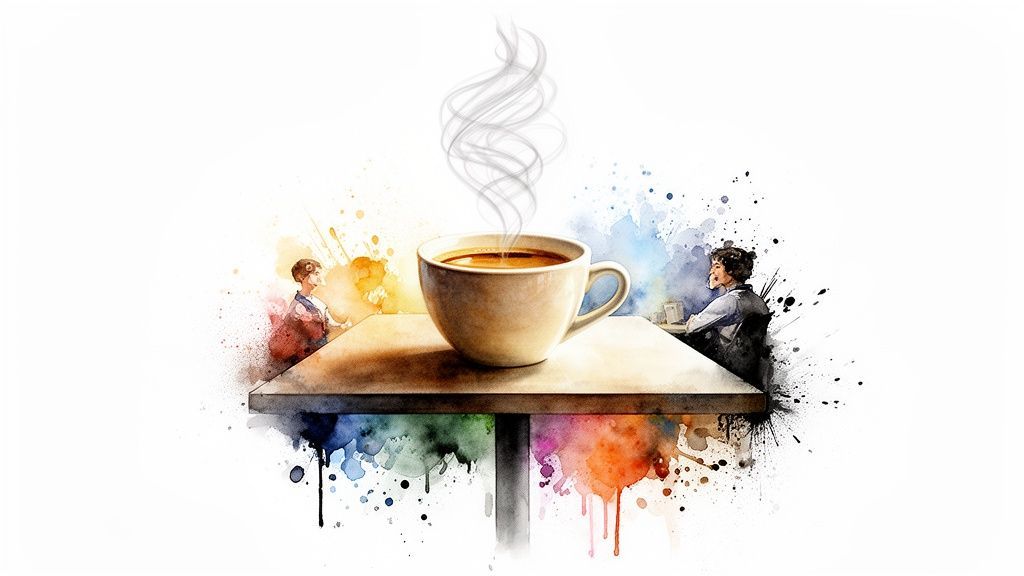 Artistic watercolor painting of a steaming coffee cup, two people at a table, vibrant paint splatters.