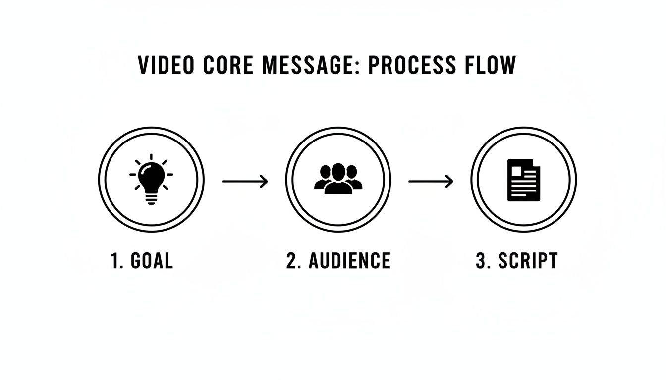 A process flow diagram shows three steps for a video's core message: Goal, Audience, Script.