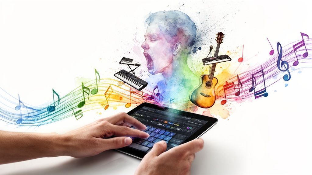 Hands using a tablet to create music, surrounded by colorful instruments, a singing person, and flowing musical notes.