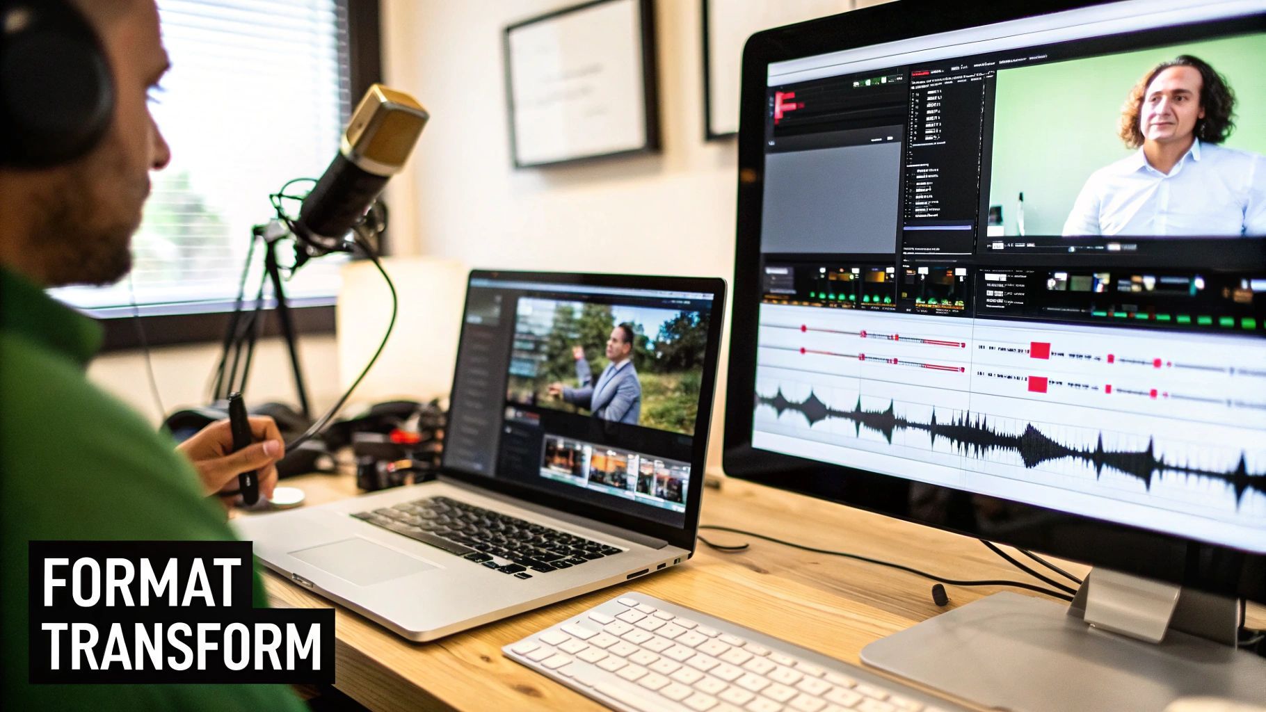 A visual representation of cross-platform content transformation, showing arrows from a blog post to a podcast, video, and infographic.