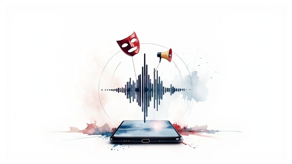 A person using a smartphone to generate celebrity text to speech audio waves