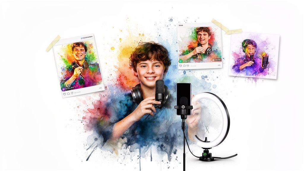 A smiling young boy holding a microphone, surrounded by vibrant watercolor social media posts and studio equipment.