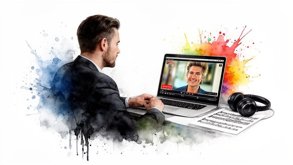 A man in a suit watches a video on a laptop with headphones and sheet music, rendered in watercolor.