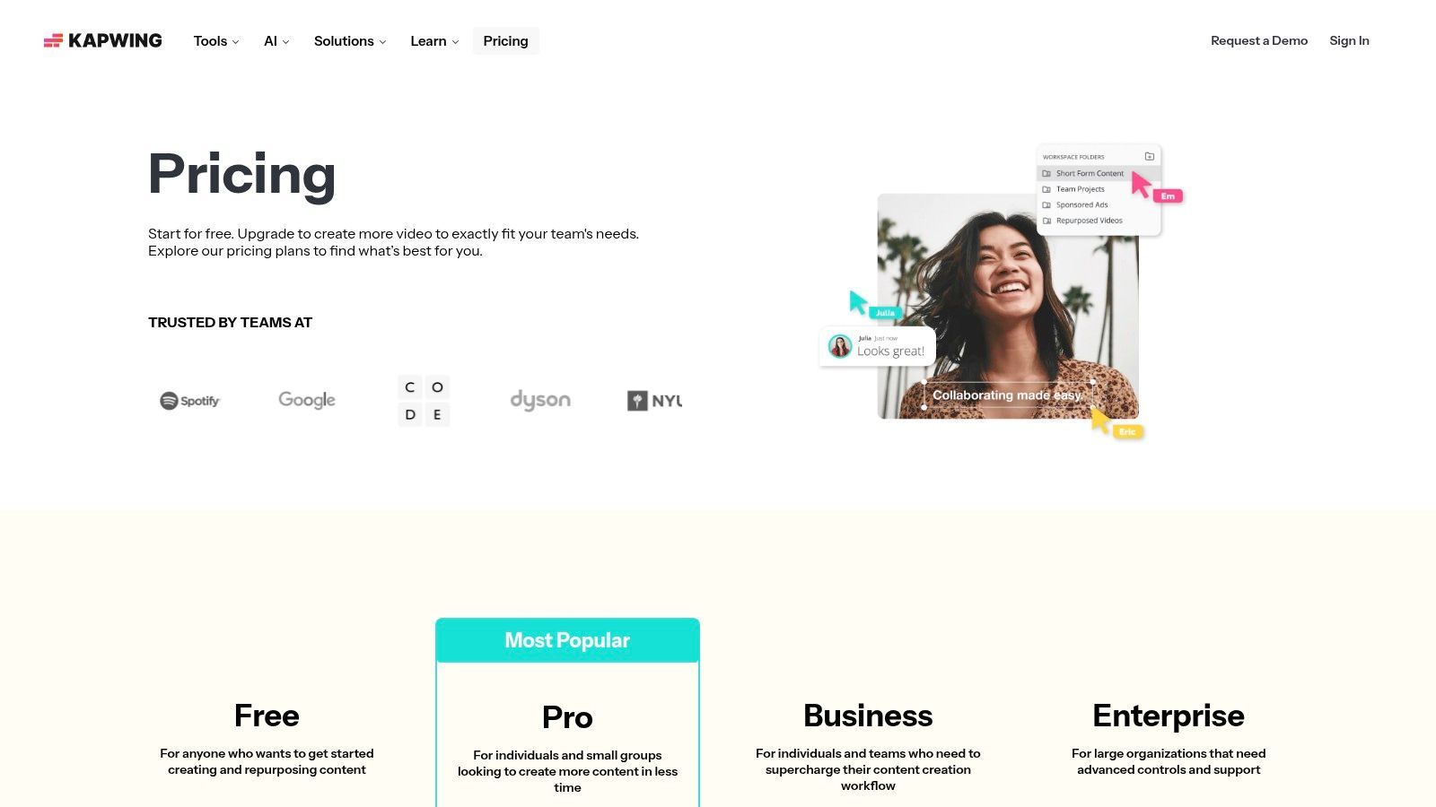 Kapwing's pricing and feature breakdown