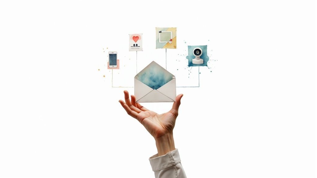 A hand holds an open envelope with watercolor icons of a phone, heart document, photo frame, and camera connected to it.