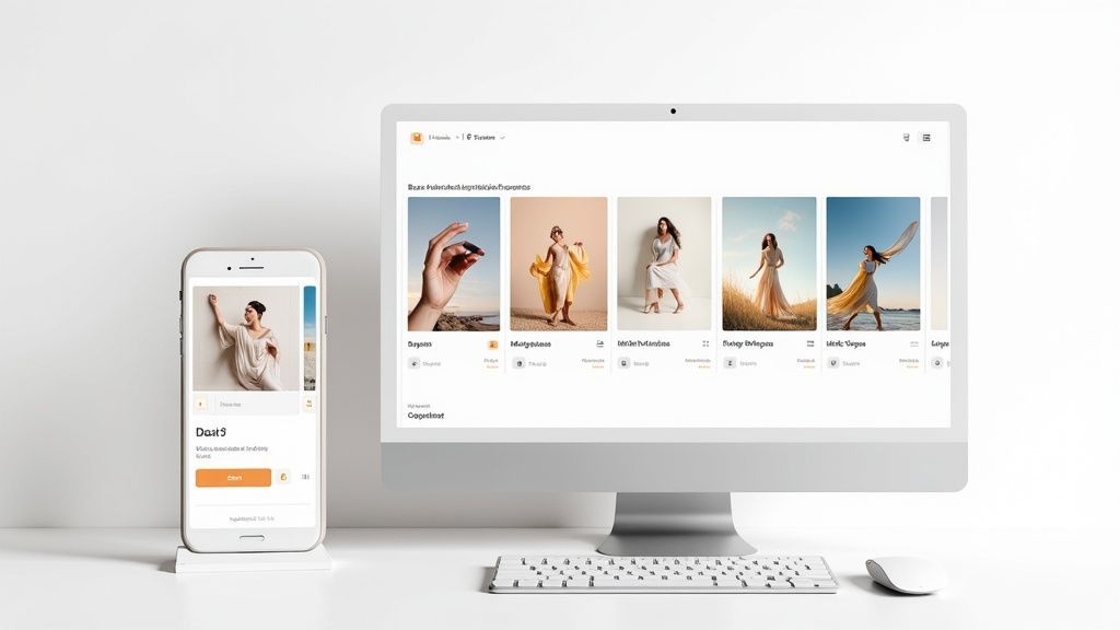 A desktop computer and smartphone show a digital content gallery with photos of women in flowing dresses.