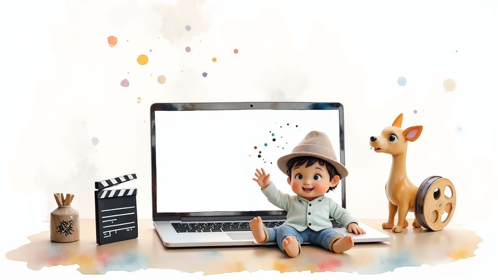 Cute animated boy in a hat sitting on a laptop with movie clapboard and film reel, colorful splatters.