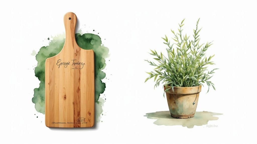 Personalized wooden cutting board and potted herb plant watercolor illustration for mom gifts