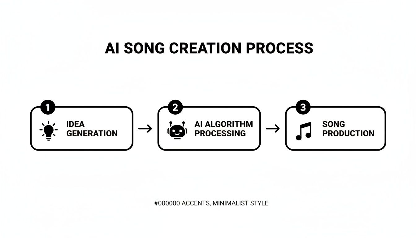 A minimalist diagram illustrating the three-step AI song creation process, from idea generation to song production.