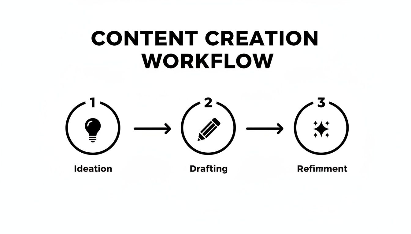 Diagram illustrating a three-step content creation workflow with icons for ideation, drafting, and refinement.