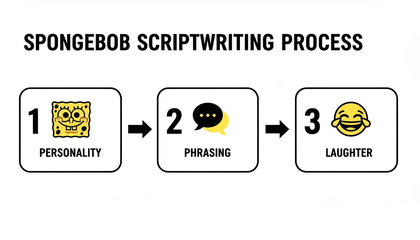 A diagram illustrates the Spongebob scriptwriting process: Personality, Phrasing, and Laughter.