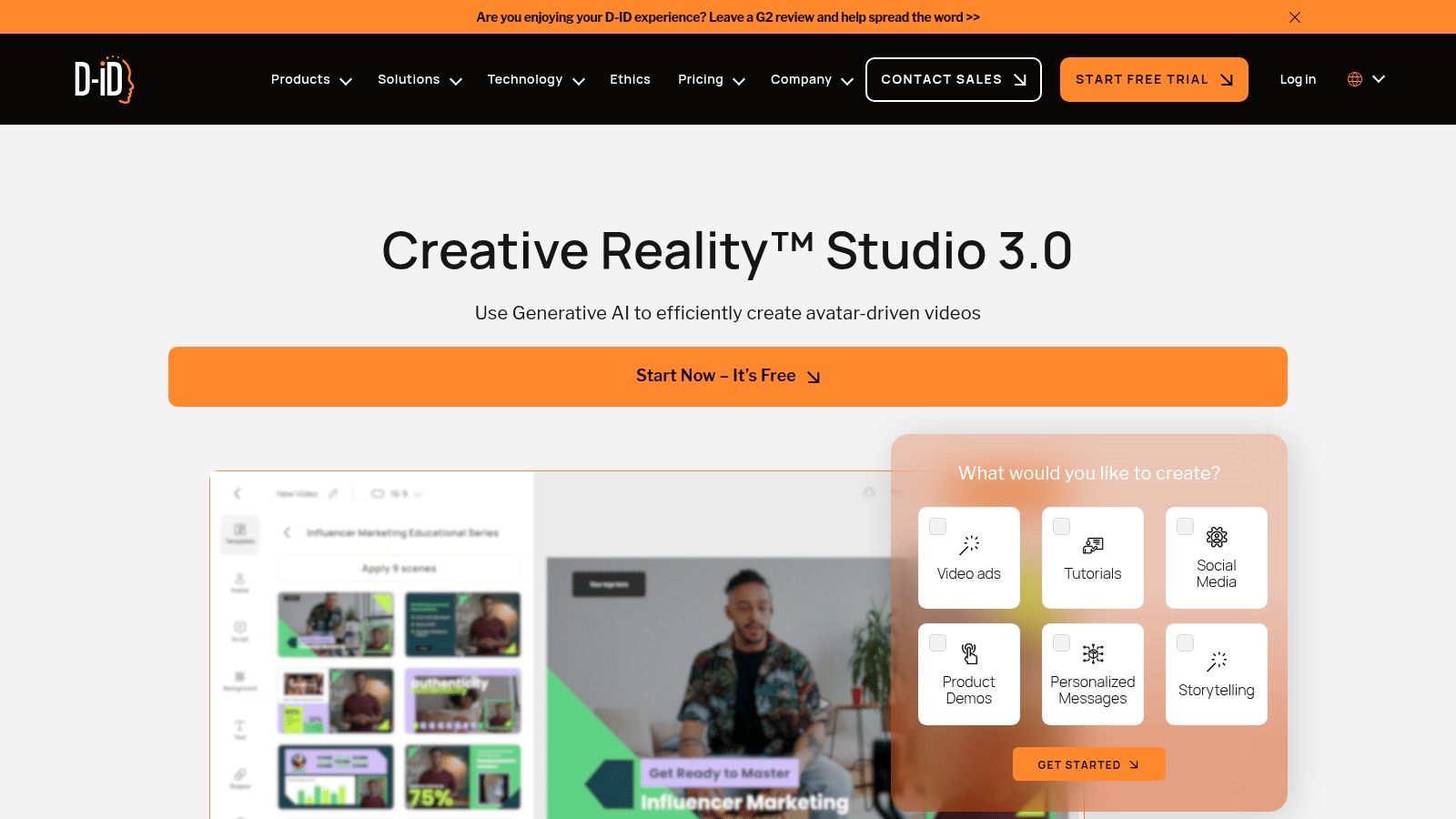 D-ID (Creative Reality Studio)'s video creation interface showing avatar options