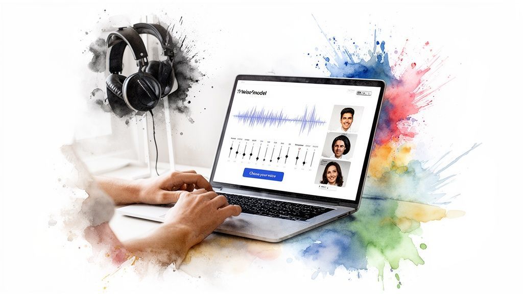 Person using a laptop with a voice editor, showing sound waves and user faces, with headphones.