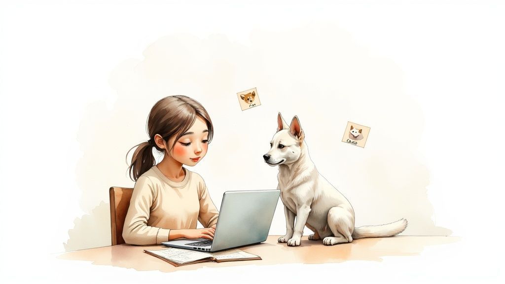 An illustrated young woman works on a laptop with her white dog beside her, and cute animal pictures.