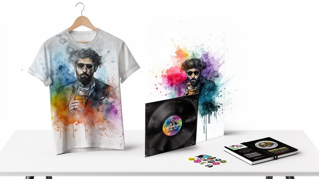 A white table displays a t-shirt, poster, vinyl record, stickers, and notebook featuring a watercolor illustration of a man.