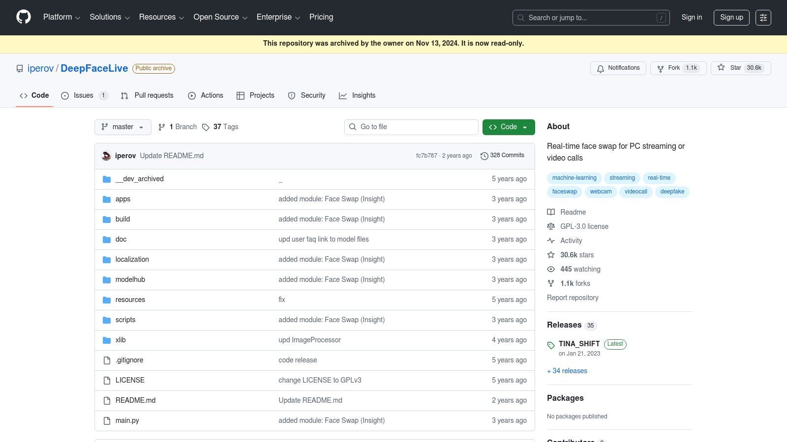 The GitHub repository for the DeepFaceLive project, showing code and files.
