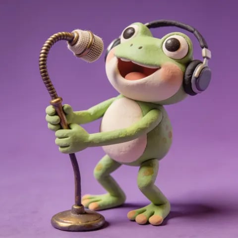 AI generated claymation frog singing into a microphone
