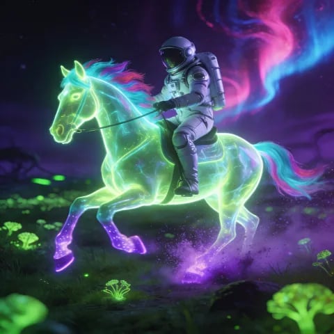 AI generated video of an astronaut riding a neon horse