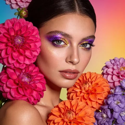 AI generated portrait of a beautiful woman with colorful flowers