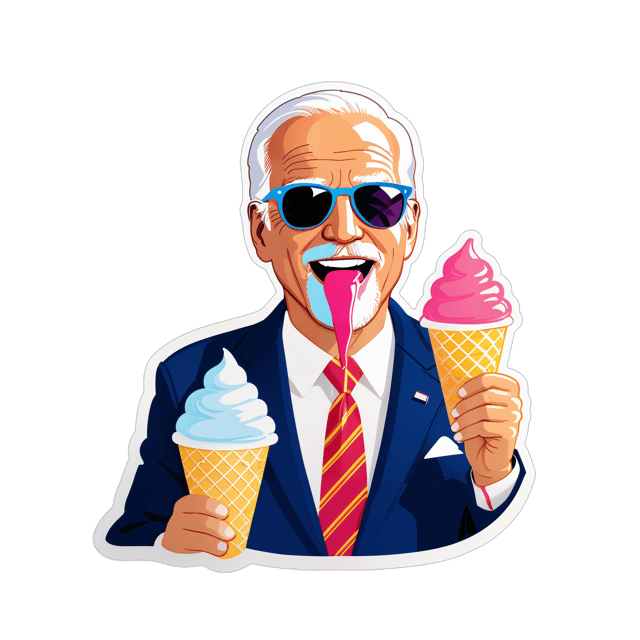 AI generated cartoon sticker for biden eating ice cream with sunglasses