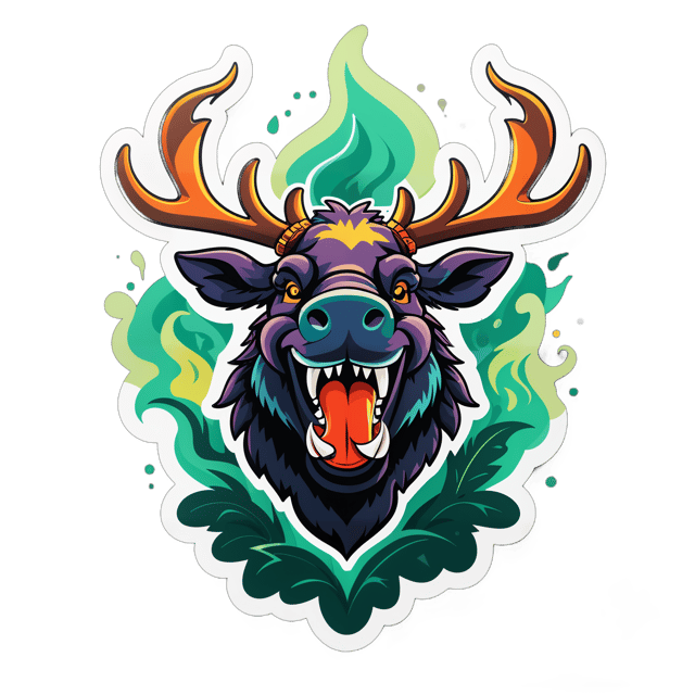 AI generated cartoon sticker for A stoned and grinning bull moose smoking a joint.