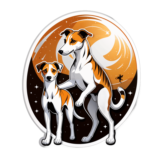 AI generated cartoon sticker for White and brown blind whippet with tiger coloured whippet in the space