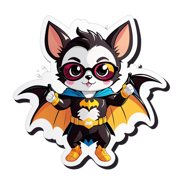 AI generated cartoon sticker for Baby animal bat wings outstretched wear sun glasses and a cape 