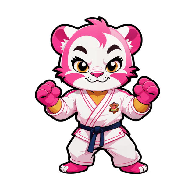 AI generated cartoon sticker for funny baby pink panther in judo costume 