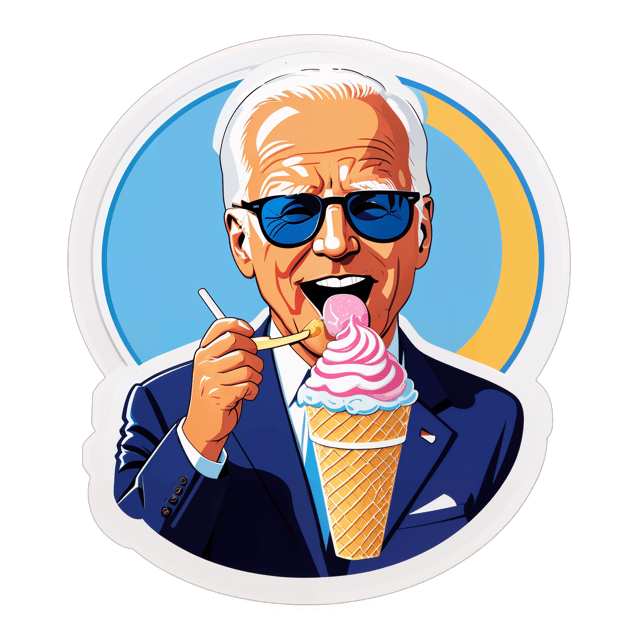 AI generated cartoon sticker for biden eating ice cream with sunglasses