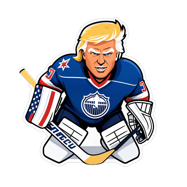 AI generated cartoon sticker for Donald Trump as an ice hockey goalie